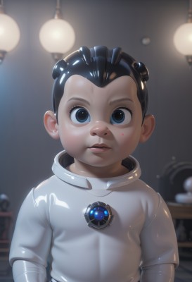 solo,looking at viewer,short hair,blue eyes,black hair,1boy,upper body,male focus,parted lips,shiny,indoors,blurry,black eyes,lips,blurry background,child,science fiction,realistic,male child,nose,spacesuit,light bulb