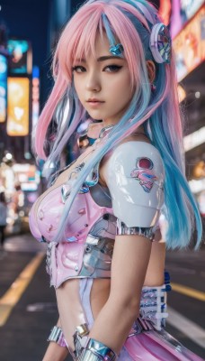 1girl,solo,long hair,breasts,looking at viewer,bangs,blue eyes,hair ornament,navel,medium breasts,blue hair,upper body,pink hair,multicolored hair,parted lips,hairclip,midriff,armor,blurry,from side,two-tone hair,lips,grey eyes,makeup,blurry background,headphones,headset,science fiction,realistic,nose,jewelry,earrings,outdoors,black eyes,looking to the side,depth of field,watermark,road,cyberpunk