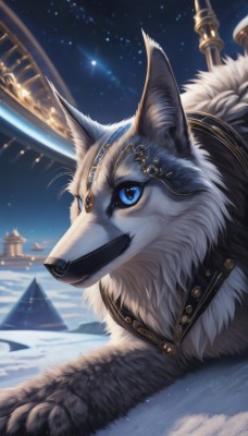 solo,blue eyes,outdoors,lying,sky,signature,no humans,night,animal,on stomach,star (sky),night sky,snow,starry sky,dog,circlet,space,animal focus,planet,wolf,aurora,jewelry