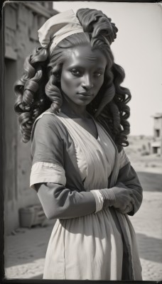 1girl,solo,long hair,breasts,looking at viewer,long sleeves,dress,jewelry,closed mouth,standing,monochrome,short sleeves,greyscale,signature,dark skin,blurry,dark-skinned female,lips,blurry background,border,own hands together,spot color,curly hair,realistic,ringlets,statue,very dark skin,dreadlocks,outdoors,parted lips,artist name,bracelet,ring,nose