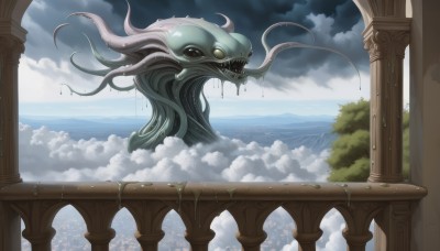 outdoors,sky,teeth,day,cloud,water,tree,no humans,ocean,cloudy sky,scenery,tentacles,monster,railing,pillar,extra eyes,eldritch abomination,solo,open mouth,saliva,sharp teeth,mountain,creature,alien