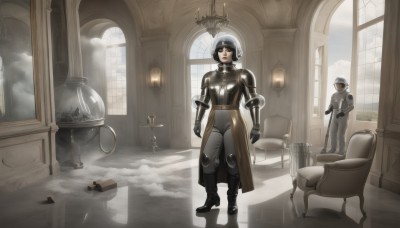 1girl,short hair,black hair,gloves,standing,weapon,boots,multiple boys,indoors,armor,gun,window,bodysuit,chair,table,helmet,smoke,reflection,science fiction,realistic,statue,breasts,looking at viewer,bangs,holding,brown eyes,medium breasts,closed mouth,full body,solo focus,day,black gloves,shiny,pants,2boys,black footwear,lips,book,bob cut,skin tight,shiny clothes,breastplate,mirror,arms at sides,red lips,armored boots,lamp,candle,wide shot,full armor,candlestand,reflective floor,chandelier,hourglass