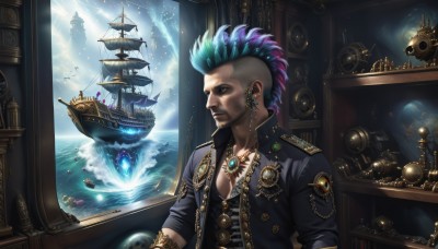 solo,1boy,jewelry,blue hair,jacket,upper body,male focus,multicolored hair,earrings,open clothes,indoors,signature,water,necklace,dated,two-tone hair,black jacket,window,tattoo,glowing,facial hair,chain,bird,ocean,piercing,gem,ear piercing,beard,realistic,aircraft,watercraft,ship,waves,mohawk,airship,purple hair,sky,uniform,bracelet,military,military uniform,epaulettes,undercut