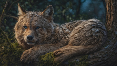 blue eyes, outdoors, lying, blurry, tree, no humans, animal, cat, on stomach, nature, forest, realistic, branch, animal focus