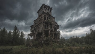 outdoors,sky,day,cloud,tree,no humans,sunlight,cloudy sky,grass,building,nature,scenery,forest,ruins,house,landscape,overgrown,window