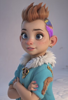 1girl,solo,looking at viewer,smile,short hair,blue eyes,brown hair,dress,jewelry,upper body,purple hair,short sleeves,multicolored hair,earrings,parted lips,teeth,nail polish,two-tone hair,lips,fur trim,eyelashes,piercing,crossed arms,feathers,child,pink nails,freckles,female child,blush,blonde hair,pink hair,artist name,orange hair,makeup,personification