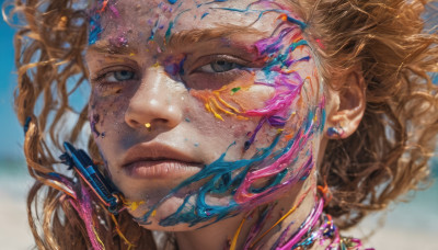 1girl, solo, blonde hair, brown hair, jewelry, earrings, parted lips, blurry, lips, grey eyes, eyelashes, floating hair, portrait, freckles, realistic, nose, paint splatter, paint, paint splatter on face