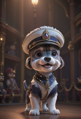 smile,open mouth,hat,sitting,standing,teeth,solo focus,indoors,blurry,black eyes,no humans,depth of field,blurry background,animal,white headwear,fangs,chair,peaked cap,dog,wooden floor,lamp,animal focus,clothed animal,solo,looking at viewer,collar,military hat,realistic