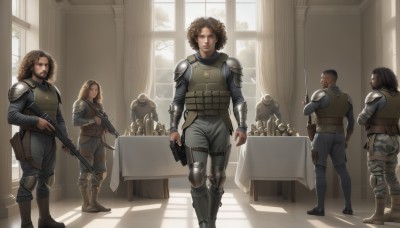 1girl,brown hair,holding,brown eyes,standing,weapon,boots,multiple boys,sword,indoors,dark skin,holding weapon,armor,uniform,gun,military,window,military uniform,facial hair,table,knife,shoulder armor,holding gun,rifle,beard,handgun,6+boys,curly hair,4boys,realistic,5boys,holster,knee pads,shoulder pads,soldier,bulletproof vest,long hair,looking at viewer,short hair,multiple girls,pants,vest,lips,sunlight,mustache,assault rifle