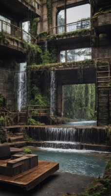 outdoors,day,water,tree,no humans,window,sunlight,plant,building,scenery,stairs,railing,ruins,bridge,waterfall,moss,overgrown,post-apocalypse,indoors,signature,broken window