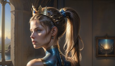 1girl,solo,long hair,blue eyes,blonde hair,bare shoulders,jewelry,ponytail,earrings,parted lips,sky,looking back,artist name,indoors,from behind,lips,sunlight,tiara,crown,portrait,realistic,nose,hair tie,shiny,water,profile,scenery,mountain,painting (object),sunrise