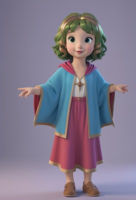 1girl,solo,looking at viewer,smile,short hair,skirt,simple background,shirt,long sleeves,jewelry,green eyes,standing,full body,white shirt,hairband,green hair,shoes,wide sleeves,red skirt,brown footwear,outstretched arms,child,curly hair,robe,female child,blue eyes,dress,necklace,cape,lips,long skirt