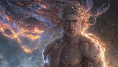 solo,long hair,looking at viewer,blue eyes,blonde hair,1boy,closed mouth,nipples,upper body,white hair,male focus,artist name,muscular,floating hair,glowing,facial hair,abs,fire,pectorals,muscular male,wind,bara,beard,rain,veins,topless male,mature male,realistic,manly,lightning,embers,short hair,nude,wet,torn clothes,large pectorals,stubble