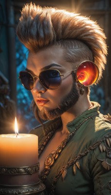 solo,looking at viewer,short hair,blonde hair,brown hair,gloves,1boy,holding,jewelry,jacket,upper body,grey hair,male focus,earrings,parted lips,glasses,artist name,indoors,signature,necklace,blurry,lips,blurry background,facial hair,chain,sunglasses,fire,beard,green jacket,realistic,nose,round eyewear,candle,tinted eyewear,aviator sunglasses,1girl,blue eyes,eyelashes,thick eyebrows,backlighting,hoop earrings,candlelight