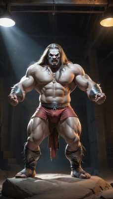 solo,long hair,looking at viewer,open mouth,blue eyes,1boy,navel,jewelry,nipples,full body,white hair,male focus,thighs,shorts,teeth,indoors,necklace,stomach,bracelet,tattoo,muscular,glowing,colored skin,facial hair,fangs,thick thighs,abs,sandals,pectorals,muscular male,bara,glowing eyes,angry,pelvic curtain,beard,clenched hands,large pectorals,bulge,topless male,mature male,manly,grey skin,no pupils,biceps,wrestling outfit,thick arms,blonde hair,standing,thick eyebrows,light,loincloth