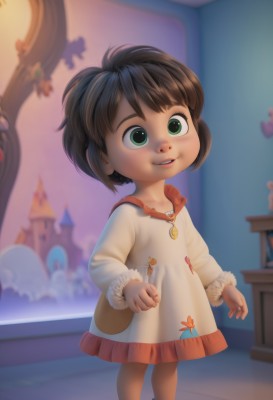 1girl,solo,smile,short hair,bangs,brown hair,black hair,long sleeves,dress,jewelry,green eyes,standing,parted lips,teeth,artist name,indoors,necklace,blurry,window,depth of field,blurry background,watermark,looking up,child,female child,looking at viewer,lips,fur trim,realistic