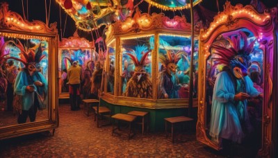 long sleeves,1boy,hat,holding,sitting,standing,multiple boys,coat,mask,bird,own hands together,gem,robe,crystal,throne,painting (object),stained glass,dress,hood,no humans,chair,table,feathers,monster,multiple others,beak