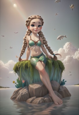 1girl,solo,long hair,breasts,looking at viewer,blush,smile,blue eyes,brown hair,navel,cleavage,bare shoulders,twintails,sitting,very long hair,closed mouth,collarbone,swimsuit,full body,braid,flower,bikini,small breasts,outdoors,sky,barefoot,artist name,cloud,water,twin braids,feet,lips,legs,toes,bird,ocean,arm support,sunlight,thick eyebrows,crossed legs,cloudy sky,grass,child,forehead,backlighting,freckles,rock,sun,green bikini,seagull,skirt,blonde hair,midriff,leaf,bikini top only,fish,sarong