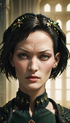 1girl,solo,looking at viewer,short hair,black hair,hair ornament,jewelry,green eyes,earrings,parted lips,choker,artist name,indoors,hair flower,blurry,lips,eyelashes,makeup,depth of field,blurry background,watermark,lipstick,gem,portrait,forehead,freckles,realistic,nose,red lips,mascara,green gemstone,flower,web address,green dress