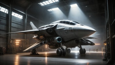 HQ,indoors,signature,military,no humans,window,robot,mecha,flying,science fiction,realistic,aircraft,military vehicle,airplane,light,vehicle focus,spacecraft,hallway,lights,jet,fighter jet,multiple boys,scenery,reflection