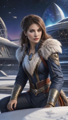 1girl,solo,long hair,breasts,looking at viewer,brown hair,long sleeves,brown eyes,jewelry,sitting,outdoors,sky,belt,pants,nail polish,armor,lips,fur trim,makeup,night,bird,lipstick,gem,star (sky),night sky,snow,starry sky,aircraft,nose,red lips,space,bracer,ship,spacecraft,closed mouth,artist name,realistic