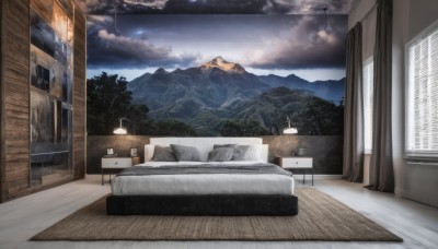 outdoors,sky,cloud,indoors,tree,cup,pillow,no humans,window,bed,night,chair,table,cloudy sky,curtains,building,star (sky),night sky,scenery,couch,starry sky,wooden floor,mountain,door,lamp,bedroom,house,carpet