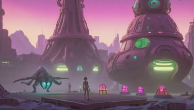 1girl,1boy,standing,weapon,outdoors,sky,from behind,glowing,helmet,robot,building,scenery,mecha,1other,science fiction,sunset,city,silhouette,multiple others,spacecraft,water