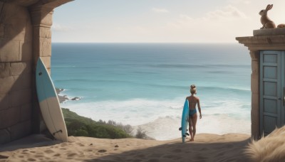 solo,brown hair,1boy,standing,male focus,outdoors,sky,barefoot,day,cloud,dark skin,water,from behind,tree,bird,ocean,animal,beach,dark-skinned male,scenery,walking,topless male,rock,sand,horizon,wide shot,male swimwear,surfboard,1girl,short hair,black hair,swimsuit,bikini,hair bun,dark-skinned female,back,single hair bun,rabbit