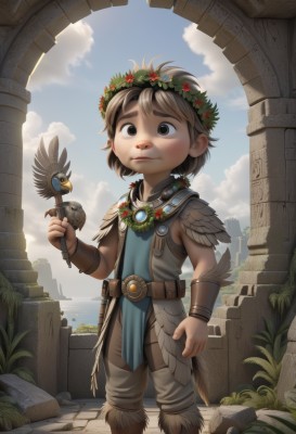 solo,looking at viewer,short hair,brown hair,1boy,holding,brown eyes,jewelry,closed mouth,standing,male focus,outdoors,sky,sleeveless,day,belt,cloud,necklace,blue sky,bird,thick eyebrows,cloudy sky,grass,feathers,child,fantasy,bracer,male child,head wreath,ruins,pillar,flower,water,rock