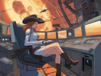 1girl,solo,long hair,breasts,smile,blue eyes,skirt,large breasts,brown hair,gloves,long sleeves,hat,medium breasts,sitting,weapon,boots,belt,white gloves,fingerless gloves,medium hair,from side,gun,chair,brown footwear,crossed legs,rifle,handgun,science fiction,aircraft,holster,monitor,cowboy hat,spacecraft,cockpit,helicopter,dress,uniform,military,window,computer,explosion,planet,holographic interface