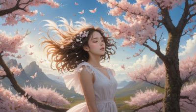 1girl, solo, long hair, blush, brown hair, hair ornament, dress, closed eyes, upper body, flower, outdoors, parted lips, sky, sleeveless, day, cloud, hair flower, white dress, tree, blue sky, petals, floating hair, sleeveless dress, bug, cherry blossoms, wind, butterfly, scenery, mountain