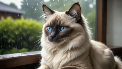 HQ,solo,blue eyes,closed mouth,outdoors,blurry,tree,no humans,window,depth of field,blurry background,animal,cat,building,rain,water drop,realistic,animal focus,whiskers,slit pupils,close-up