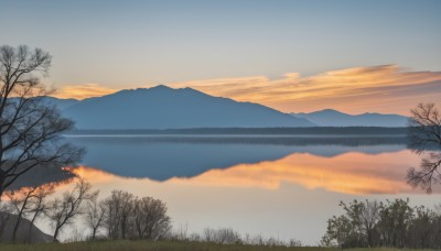 outdoors,sky,cloud,water,tree,blue sky,no humans,cloudy sky,grass,nature,scenery,forest,reflection,sunset,mountain,horizon,bare tree,river,evening,landscape,mountainous horizon,lake,gradient sky,orange sky,twilight,fog,reflective water