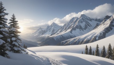 outdoors,sky,day,cloud,tree,blue sky,no humans,sunlight,cloudy sky,nature,scenery,snow,forest,mountain,sun,winter,bare tree,landscape,mountainous horizon,sunrise,pine tree,water,lake