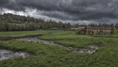 outdoors,sky,day,cloud,water,tree,no humans,cloudy sky,grass,ground vehicle,building,nature,scenery,motor vehicle,forest,road,field,ruins,house,river,landscape,rock