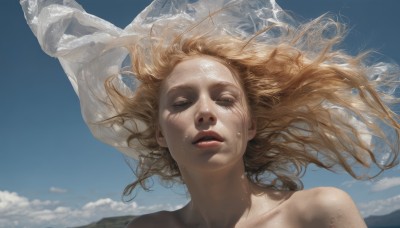 1girl,solo,long hair,looking at viewer,blue eyes,blonde hair,bare shoulders,collarbone,nude,outdoors,parted lips,sky,day,cloud,blue sky,lips,wet,floating hair,wind,portrait,realistic,nose,closed eyes,upper body