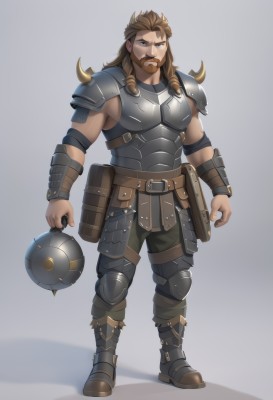 solo,long hair,looking at viewer,simple background,brown hair,1boy,white background,holding,brown eyes,standing,full body,weapon,male focus,boots,belt,pants,grey background,armor,muscular,shadow,facial hair,thick eyebrows,muscular male,shoulder armor,bara,beard,spikes,pauldrons,pouch,breastplate,mature male,mustache,blue eyes,artist name,holding weapon,v-shaped eyebrows,watermark,black pants,holding hammer