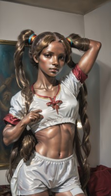 1girl,solo,long hair,breasts,looking at viewer,brown hair,shirt,navel,twintails,brown eyes,very long hair,standing,braid,short sleeves,cowboy shot,small breasts,parted lips,shorts,midriff,shiny,dark skin,arm up,twin braids,dark-skinned female,lips,crop top,short shorts,muscular,abs,toned,white shorts,realistic,nose,collarbone,white shirt,indoors,fingernails,shiny skin,pointing,arm behind head