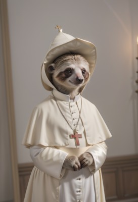 solo,smile,long sleeves,hat,jewelry,closed mouth,standing,indoors,necklace,white dress,blurry,black eyes,no humans,capelet,blurry background,animal,white headwear,own hands together,cross,furry,robe,realistic,candle,cross necklace,white capelet,animal focus,whiskers,what,looking at viewer,1boy,dress,holding,brown eyes,upper body,cowboy shot,artist name,wide sleeves,cat,meme,white robe