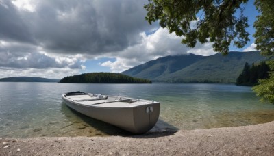 outdoors,sky,day,cloud,water,tree,blue sky,no humans,ocean,cloudy sky,nature,scenery,forest,mountain,horizon,military vehicle,watercraft,river,ship,boat,island,military,beach,landscape,warship