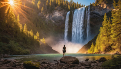 1girl, solo, standing, boots, outdoors, sky, day, cloud, water, bag, from behind, tree, sunlight, nature, scenery, forest, rock, mountain, sun, waterfall, landscape, cliff