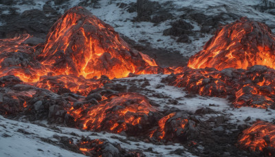 outdoors, no humans, fire, scenery, snow, rock, snowing, mountain, fantasy, molten rock