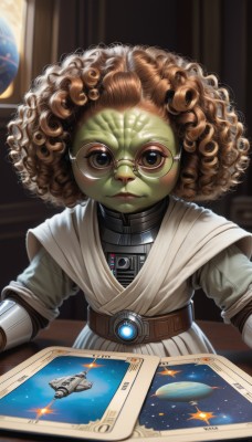 1girl,solo,looking at viewer,brown hair,brown eyes,closed mouth,upper body,glasses,belt,indoors,lips,colored skin,science fiction,curly hair,robe,realistic,nose,round eyewear,space,green skin,big hair,planet,alien,earth (planet),spacecraft,tunic,white robe,spacesuit,afro,yellow-framed eyewear,blue eyes,medium hair,blurry,cosplay,parody,messy hair,female child,green-framed eyewear