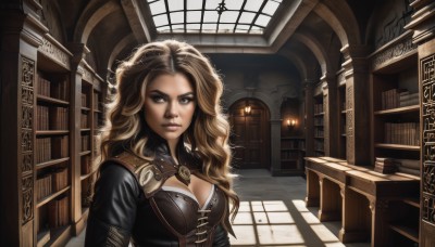 1girl,solo,long hair,breasts,looking at viewer,blue eyes,blonde hair,brown hair,cleavage,jewelry,medium breasts,upper body,indoors,lips,grey eyes,book,window,makeup,shadow,wavy hair,chair,cleavage cutout,curly hair,stairs,realistic,nose,fantasy,bookshelf,library,large breasts