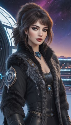 1girl,solo,long hair,breasts,looking at viewer,brown hair,black hair,long sleeves,dress,cleavage,brown eyes,jewelry,medium breasts,jacket,upper body,ponytail,earrings,small breasts,outdoors,open clothes,sky,choker,belt,necklace,lips,coat,fur trim,makeup,night,lipstick,gem,star (sky),night sky,pendant,eyeshadow,starry sky,black coat,nose,red lips,bangs,closed mouth,artist name,black dress,backlighting,fur collar