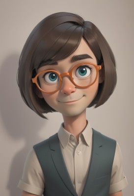 1girl,solo,looking at viewer,smile,short hair,bangs,blue eyes,simple background,brown hair,shirt,closed mouth,white shirt,upper body,short sleeves,glasses,collared shirt,vest,aqua eyes,lips,gradient,dress shirt,buttons,swept bangs,shadow,bob cut,thick eyebrows,wing collar,freckles,brown background,round eyewear,blue vest,brown-framed eyewear,blush,black hair,white background,gradient background,portrait,realistic,nose