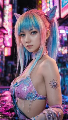 1girl,solo,long hair,breasts,looking at viewer,bangs,blue eyes,hair ornament,cleavage,bare shoulders,twintails,jewelry,medium breasts,closed mouth,underwear,blue hair,swimsuit,upper body,pink hair,sidelocks,bikini,multicolored hair,choker,artist name,bra,blurry,two-tone hair,lips,aqua hair,blurry background,realistic,pink bra,butterfly hair ornament,animal ears,small breasts,outdoors,cat ears,signature,blunt bangs,from side,looking to the side,eyelashes,tattoo,gradient hair,makeup,depth of field,watermark,pink lips,nose,arm tattoo,pink choker,mascara,cyberpunk,neon lights