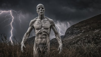 solo,1boy,standing,monochrome,male focus,nude,outdoors,sky,cloud,no humans,muscular,abs,cloudy sky,grass,veins,skull,mountain,realistic,electricity,bald,field,lightning,horror (theme),parody,monster,skeleton,what,grey theme