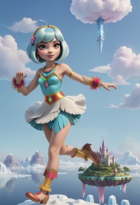 1girl,solo,breasts,looking at viewer,smile,short hair,bangs,blue eyes,skirt,hair ornament,dress,bare shoulders,brown eyes,jewelry,blue hair,standing,full body,flower,hairband,small breasts,boots,outdoors,parted lips,sky,shoes,teeth,sleeveless,day,artist name,cloud,hair flower,water,necklace,high heels,bracelet,tree,blue sky,lips,eyelashes,aqua hair,makeup,sleeveless dress,blue dress,watermark,brown footwear,short dress,leg up,standing on one leg,lipstick,building,gem,web address,armlet,pendant,eyeshadow,crystal,mountain,aircraft,fantasy,red lips,castle,tower,floating island,earrings,pointy footwear