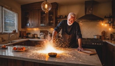 solo,short hair,shirt,1boy,closed eyes,white hair,grey hair,male focus,food,indoors,water,apron,vest,window,fruit,facial hair,scar,table,bottle,sleeves rolled up,realistic,light,lamp,old,old man,cooking,kitchen,sink,counter,faucet,cabinet,cutting board,collared shirt,black shirt,looking down,beard,scar on face,bowl,mustache,bald,sleeves pushed up,frying pan,blinds,onion